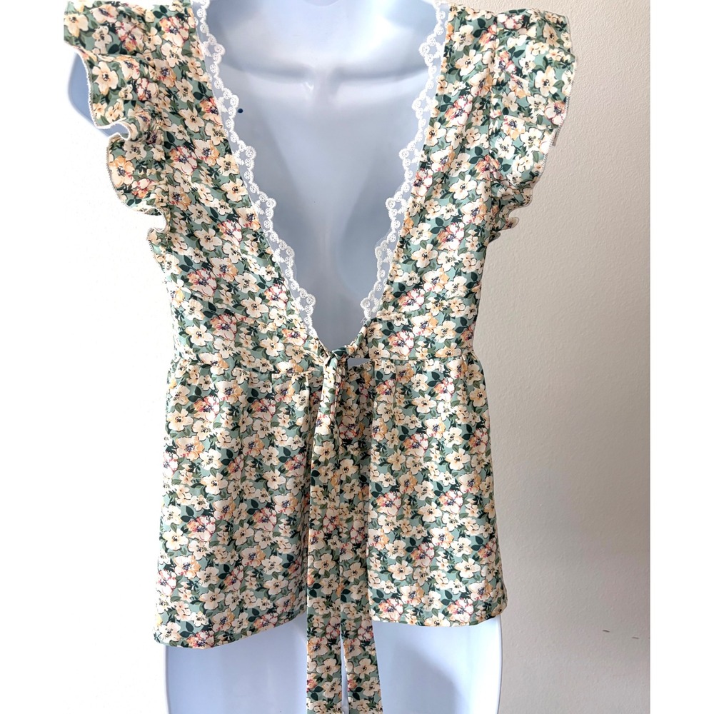 Sage Floral Babydoll Peplum Top Cottagecore Coquette Romantic Lace V Back Small - Picture 4 of 14